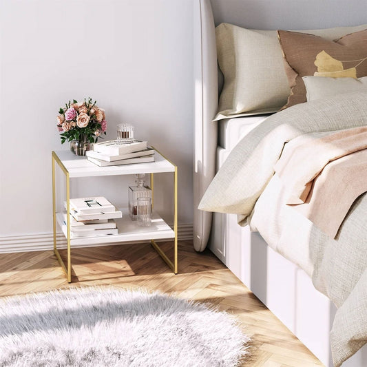 Industrial Modern Gold Metal White Wood Top Nightstand End Table with