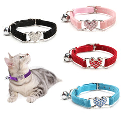 Heart Charm and Bell Cat Collar Safety Elastic Adjustable with Soft Velvet Material 5 colors pet Product small dog collar Gatos