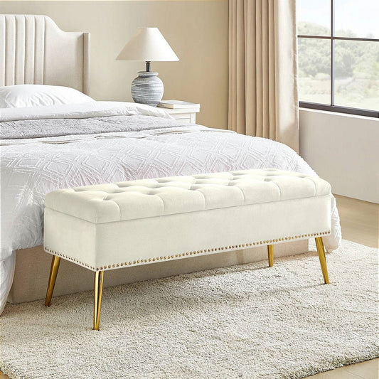 Mid-Century Modern Bed Storage Bench with Ivory Velvet Seat and Gold