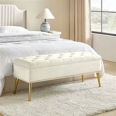Mid-Century Modern Bed Storage Bench with Ivory Velvet Seat and Gold