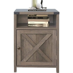 Farmhouse Style End Table Barn Door Nightstand with Open Shelf in