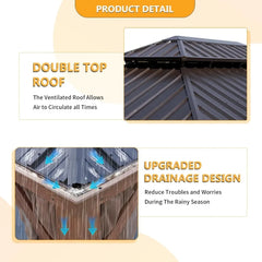 10' x 12' Gazebo, Permanent Wooden Finish Coated Aluminum Frame Canopy, Galvanized Steel Double Top, Outdoor Metal Pavilion with