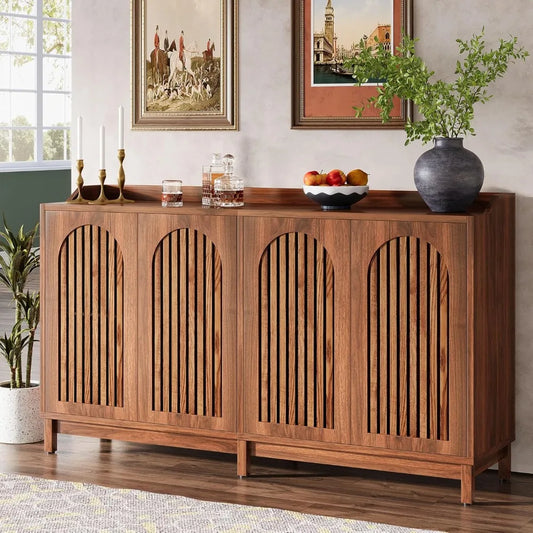 Farmhouse Storage Cabinet, 57" Sideboard Buffet with Shutter Doors and Adjustable Shelf, Freestanding for Dining,