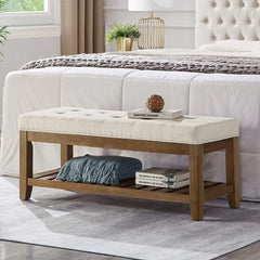 Bench, Large Rectangular Upholstered Tufted Linens Fabric Ottoman Benches, Padded Benches with Solid Wood Shelf-Linen, Bench
