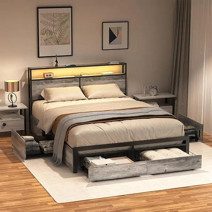 Queen Bed Frame with Storage Headboard and 4 Drawers Bed Frame Queen Size with Charging Station LED Lights Metal