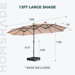 Double Sided Patio Umbrellas - 13ft Solar Lights LED Lighted Outdoor Extra Large Market Table Umbrella with Base Included