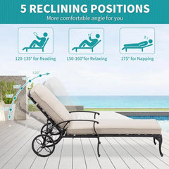 Outdoor Chaise Lounge Chair with Cushion - Poolside Set of 1 Chairs for Outside Cast Aluminum Waterproof Lounger, Lounge Chair
