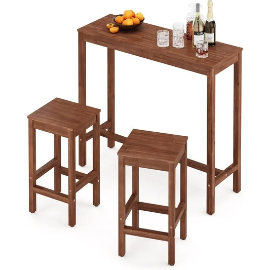 45 inch Bar Table and Chairs Set, Acacia Wood Pub Table with 2 Stools, Rectangular Counter Height Table Set for Dining Room