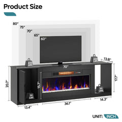 70" Modern Fireplace TV Stand for TVs Up To 80" with LED Lights and Storage, PS5 Gaming TV Console for Living Room, TV Stands