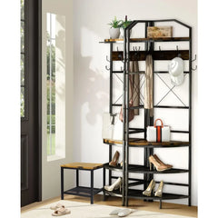 4-Tier Corner Coat Rack with Shoe Storage Entryway, Hall Tree with Bench and 6 Metal Hooks, Freestanding Clothes Rack