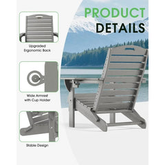 Chair Folding Adirondack Chairs with Cup Holder, Outdoor Fire Pit Chairs All-Weather Lawn Chair for Deck Patio Garden (Grey)