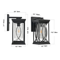 14"(H) 1-pack Black Outdoor Wall Lantern with Crackled Glass, Weather-Resistant Exterior Light Fixture (Bulb Not Included)