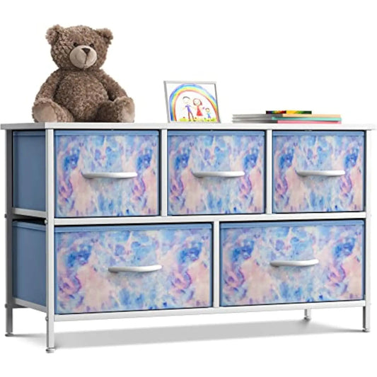 Kids Dresser with 5 Drawers - Storage Chest Organizer Unit with Steel Frame, Wood Top, Easy Pull Fabric Bins - Long Wide TV St