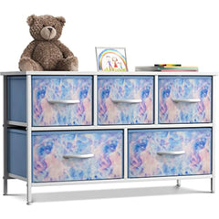 Kids Dresser with 5 Drawers - Storage Chest Organizer Unit with Steel Frame, Wood Top, Easy Pull Fabric Bins - Long Wide TV St