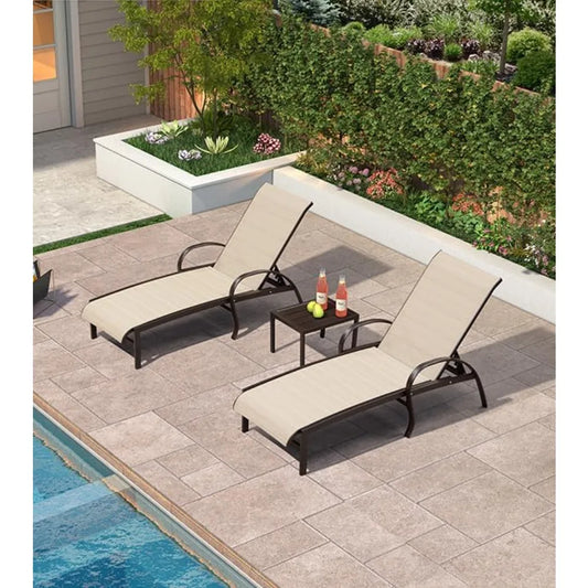 Outdoor Chaise Lounge Chair Set of 3 Patio Pool Lounger Aluminum Chairs with Side Table Adjustable Tanning Recliner