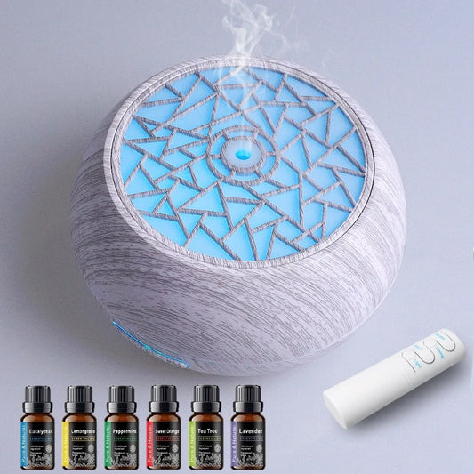 Ultra Quiet 550ml Aroma Diffuser  Wood Texture Finish   7 Color LED Night Light  Remote Control Humidifier +  6 Essential Oils
