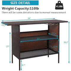 Wicker Outdoor Bar Table with 2 Steel Shelves, Sets of Rails, Rattan Patio Storage for Backyard, Poolside, Garden