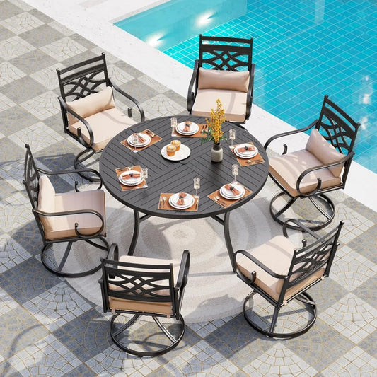 7 Pcs Patio Dining Sets, Outdoor Table Chair Set for 6 with Swivel Chairs and Steel Round Table, Outdoor Dining Furniture