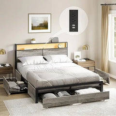 Queen Bed Frame with Storage Headboard and 4 Drawers Bed Frame Queen Size with Charging Station LED Lights Metal