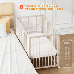 8-in-1 Convertible Crib with 2" Mattress, Convert from Bassinet, Mid Crib to Full Size Crib, Height Adjustable
