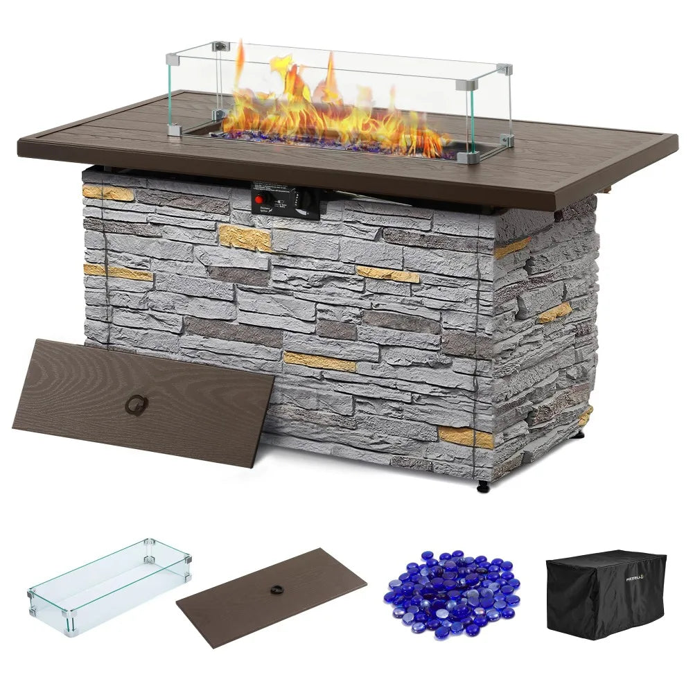 43" Propane Fire Pit Table, Outdoor Stone Firepit Table, Rectangular 50000 BTU Propane Fire Tables for Outside
