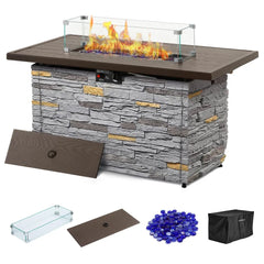 43" Propane Fire Pit Table, Outdoor Stone Firepit Table, Rectangular 50000 BTU Propane Fire Tables for Outside