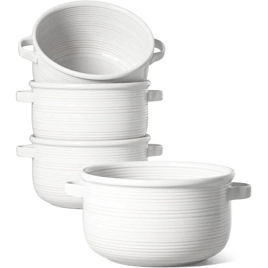 Ceramic French Onion Soup Bowls 28 Ounces for Soup, Cereal, Chilli, Beef Stew, Stackable Serving Bowls SetSet of 4, White