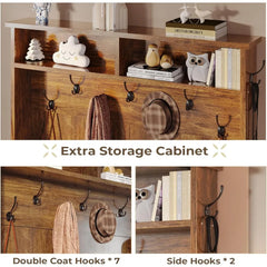 Hall Tree with Bench and Shoe Storage, 5-in-1 Entryway Bench with Coat Rack, 10 Shoe Cubbies & 9 Coat Hooks, Barn Door & A