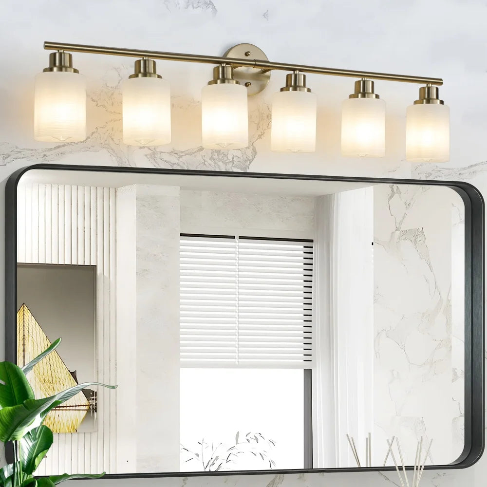 39" Modern 6-Light Vanity Wall Light Sconce for Bathroom Golden Finish Frosted Glass Shades Bathroom Lighting Fixture No Bulbs