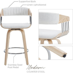 Modern Counter Stools Set of 2 Upholstered Swivel Barstools with Back & Solid Wood Legs 26" Counter Height Stools for Home Bar