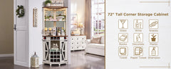 Corner Bar Storage Cabinet, Barn Door & Adjustable Shelf, Home Bar Cabinet w/LED Light & Glass Rack, 72" Tall Wine Bar Cabinet