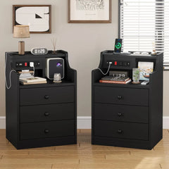 Bedside Table Set of 2 with Charging Station and Storage, Bedroom Bedside Table Set of 2