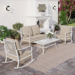 4 Piece Metal Outdoor Patio Furniture Set, Patio Conversation Sets 2-Seater Sofa, 2 Single Sofa and Coffee Table