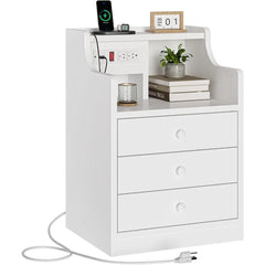 Nightstand with Charging Station,Black Night Stand for Bedroom,End Table with Hutch & Storage Drawers