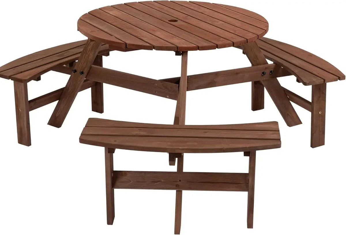 6 Person Outdoor Picnic Table, Round Picnic Table with 3 Built-in Benches, Umbrella Hole,Outside Wood Picnic Table and Bench Set