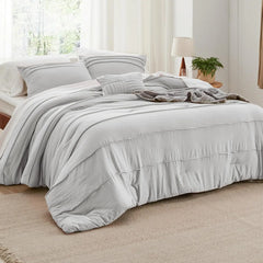 Bedsure King Comforter Set - 4 Pieces Grid Pleat Bed Set, Beige Boho Bedding for All Season, 1 Soft Comforter, 2 Pillowcases, 1