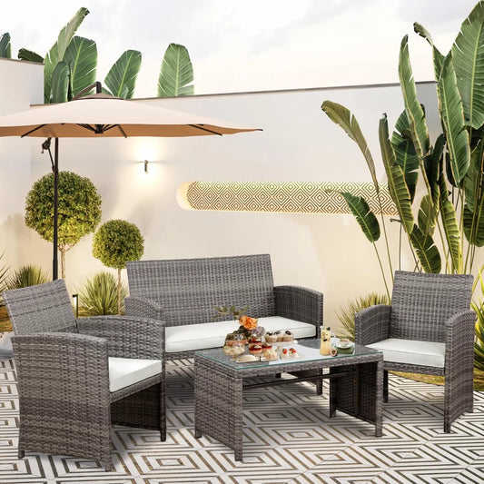 Multi Pieces Outdoor Patio Furniture Sets Conversation Sets Rattan Chair Wicker Set,Glass Table,Outdoor Indoor Use Backyard