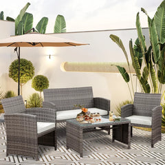 Multi Pieces Outdoor Patio Furniture Sets Conversation Sets Rattan Chair Wicker Set,Glass Table,Outdoor Indoor Use Backyard