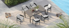patio 7-Piece Outdoor Dining Set for 6, Fixed Patio Chairs with Thickened Cushions & 1 Rectangular Woodgrain Dining Table