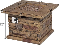 Outdoor Propane Fire Pit Table w Faux Ledgestone 32-inch Square Fire Table, 50,000 BTU Stainless Steel Burner, Free Lava Rocks