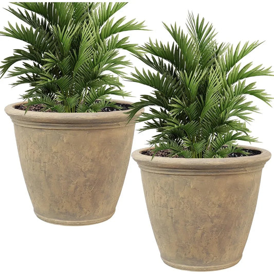Double-Walled Polyresin Outdoor Planter with UV-Resistant Beige Finish - Set of 2