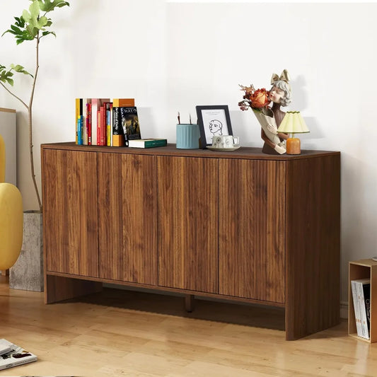 Sideboard Buffets Cabinet, Modern Accent Storage Cabinet with 4 Fluted Doors and Adjustable Shelves, Wood Credenza Buffet Sidebo