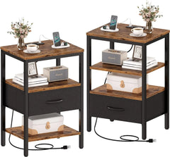 Nightstand Set of 2, Bed Side Tables with Charging Station, Adjustable Fabric Drawer, Night Stand for Bedroom