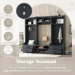 Wide Hall Tree with Storage Bench, Wood Coat Rack with Cabinet and 7 Hooks, Mudroom Organizer with Shoes Storage Cubbies