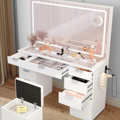 Vanity Desk Set with Adjustable LED Lighted Mirror & Power Outlet, Glass Top Makeup Vanity