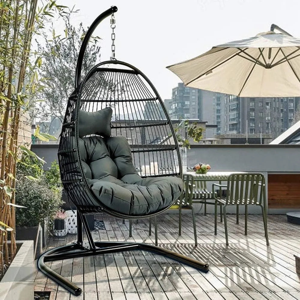 Swing Chair with Stand, Foldable Rattan Wicker Hanging Egg Chair Hammock Chair with Cushion and Pillow for Patio Garden
