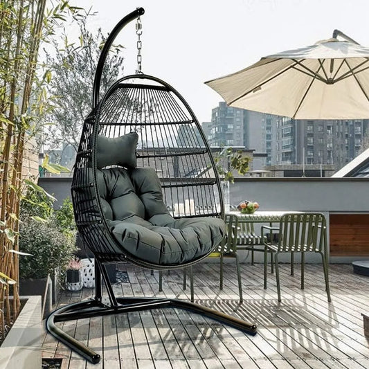 Swing Chair with Stand, Foldable Rattan Wicker Hanging Egg Chair Hammock Chair with Cushion and Pillow for Patio Garden