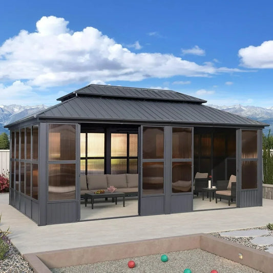 12' X 20' Sunroom, Permanent Hardtop Gazebo Solarium Galvanized Steel Double Roof Aluminum Outdoor Screen House for Patio Deck