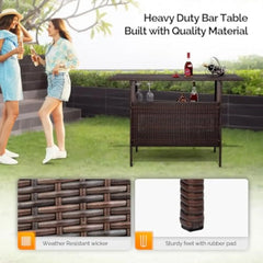 Wicker Outdoor Bar Table with 2 Steel Shelves, Sets of Rails, Rattan Patio Storage for Backyard, Poolside, Garden