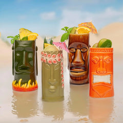 Hard-Carved and Hand-Painted Tiki Mugs Assorted Cocktail Set Party Event Mugs Drinkware, Cute Exotic Cocktail Glasses